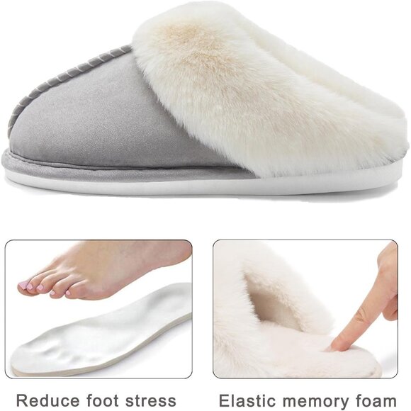 Women's Light Gray Memory Foam Winter Warm Fluffy Cozy Slip On Slippers Shoes - Picture 6 of 7